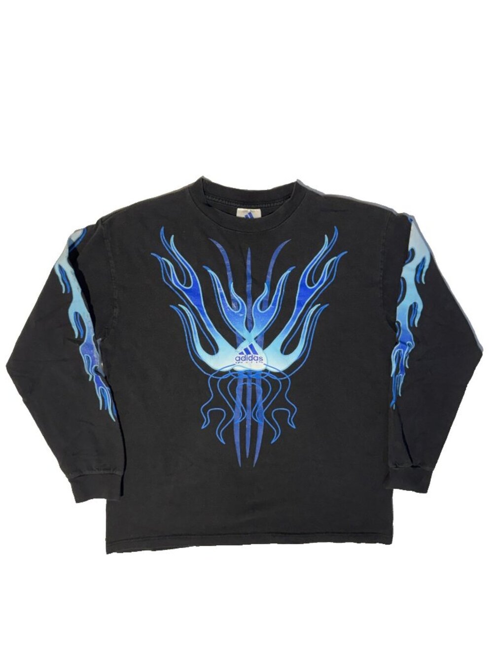 Vintage Y2K Adidas Soccer Shirt Black Long Sleeve Blue Flames Fire Mens Medium
